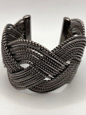 Gunmetal Braided Twisted Wire Silver Tone Open Cuff BOHO Bracelet Heavyweight